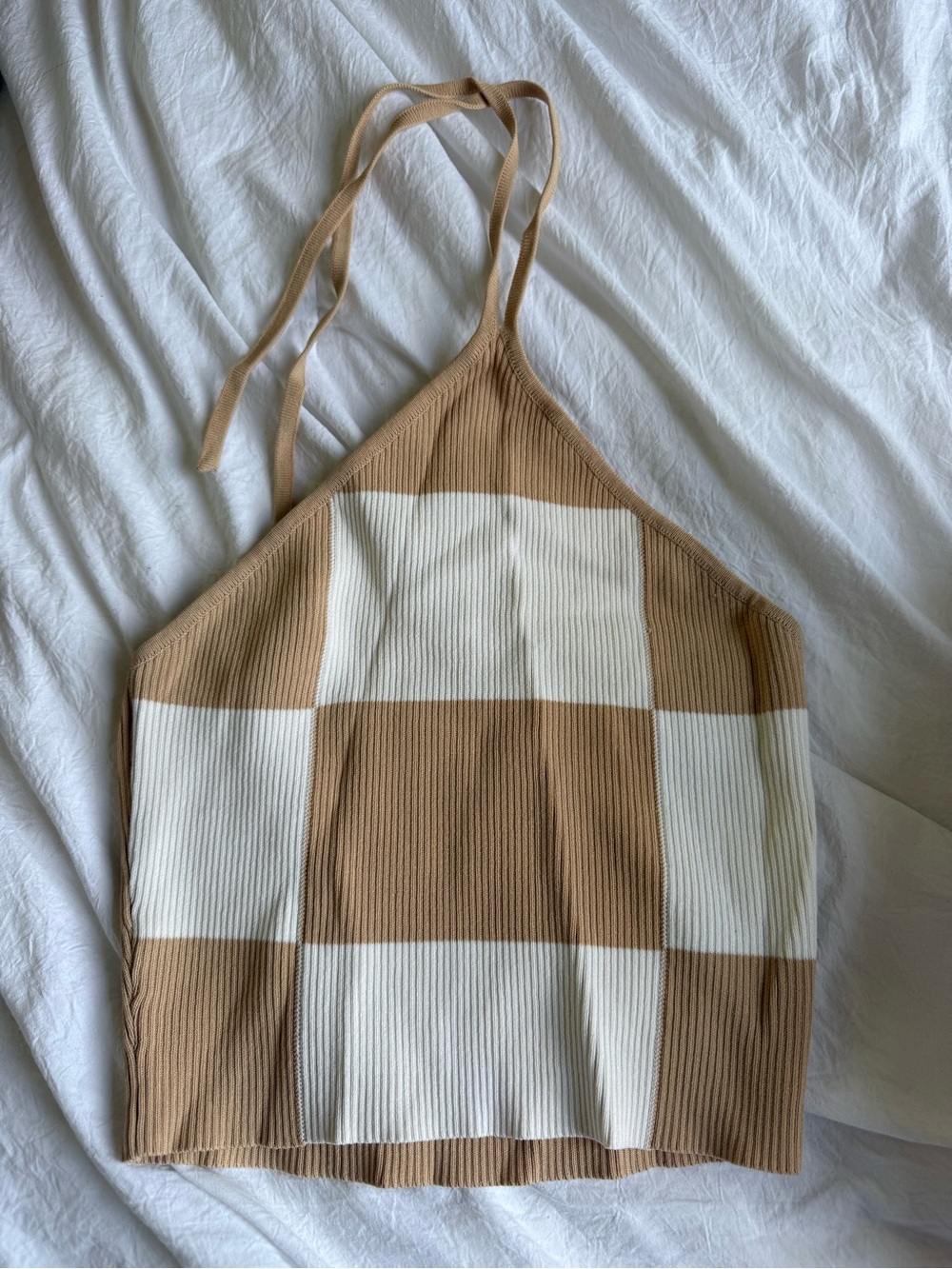 Debut Checkerboard Halter Crop Top in Beige and White